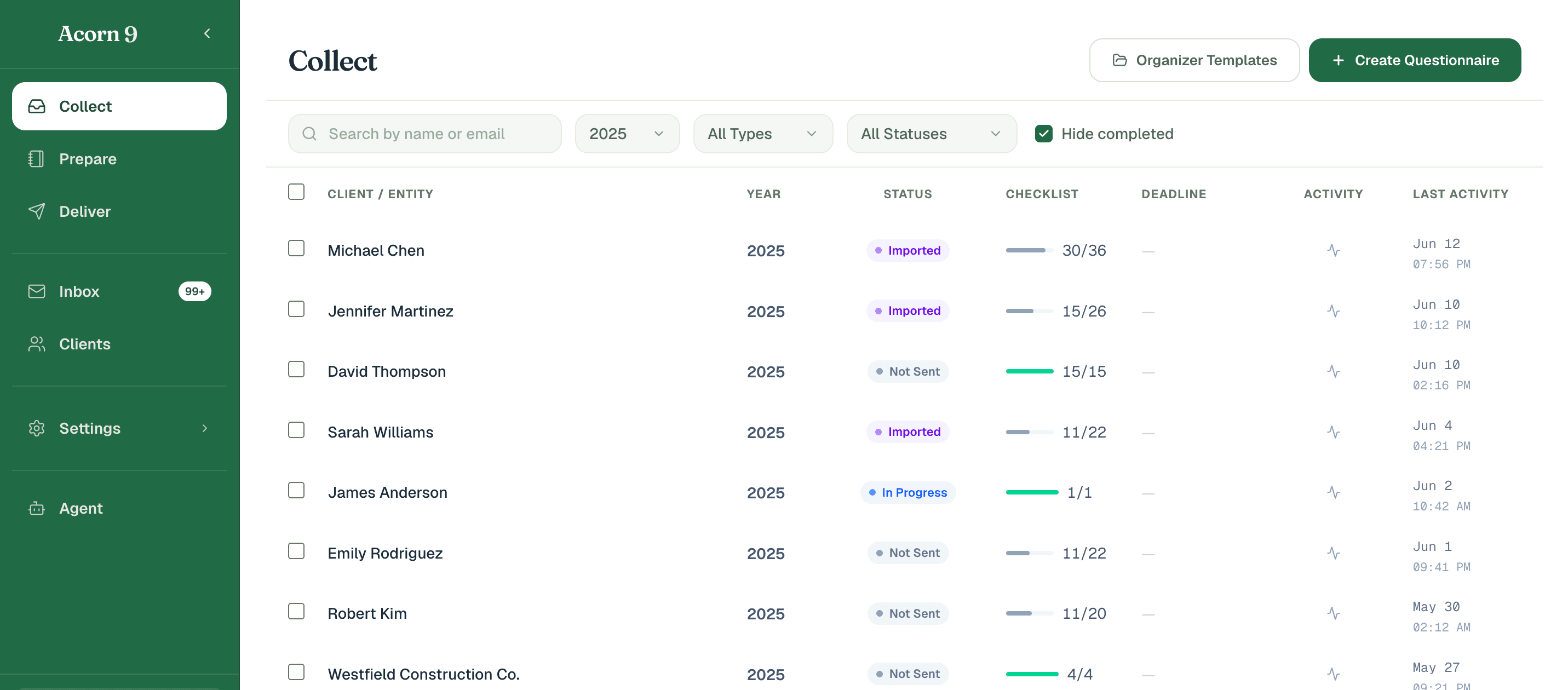 The Acorn 9 Collect dashboard: client document intake, organized and tracked in one place.